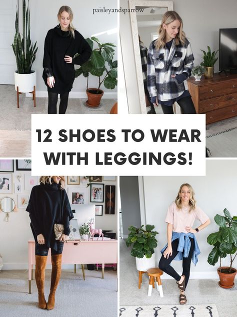 Shoe With Leggings, Leggings With Heels Outfit Classy, Black Dress With Leggings And Boots, Shoes To Wear With Jegging, How To Dress Leggings Outfits, Legging Work Outfit Fall, Black Leggings Outfit Fall 2022, Tennis Shoes And Leggings Outfits, Dressy Leggings Outfit Summer