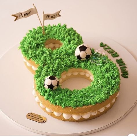 Number 8 Football Cake, Football Number Cake, Soccer Themed Cakes For Boys, Soccer Smash Cake, 8 Cake Number, Soccer Cakes For Boys, Number Cake For Boys, Soccer Cake Ideas For Boys, Number 8 Cake