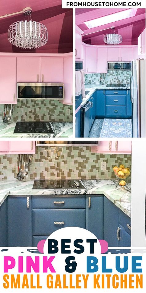 Pink And Blue Small Galley Kitchen Remodel Blue Decor Ideas, Small Galley Kitchen Remodel, Small Room Ideas, Small Galley Kitchen, Galley Kitchen Remodel, Sewing Room Storage, Room Paint Colors, Galley Kitchen, Home Office Storage