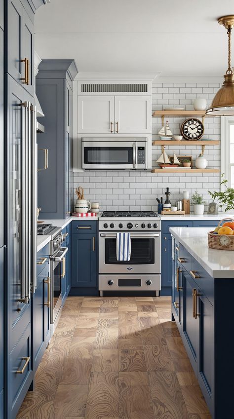 Coastal Kitchen Ideas Dark Coastal Kitchen, White Kitchen With Blue Backsplash, Kitchen With Blue Backsplash, Coastal Kitchen Backsplash, Coastal Kitchen Ideas, Nautical Kitchen, Blue Backsplash, Agriculture Industry, Kitchen Backsplashes