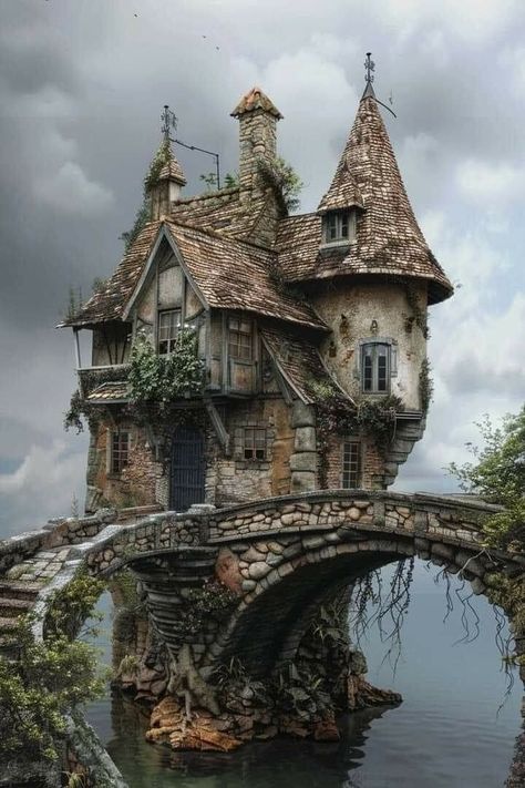 Fantasy Cottage Exterior, Fairytale House Exterior, Witch Greenhouse, Witch Mansion, Small Medieval House, Cottage Concept Art, Witch Houses, Cool Buildings, Tiny Glade