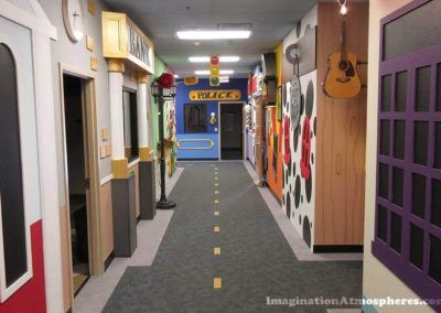 Main Street | Imagination Atmospheres Childrens Ministry Decor, Kids Church Rooms, Kids Church Decor, Playroom Mural, Kindergarten Interior, Sunday School Rooms, Daycare Decor, Daycare Design, School Hallways