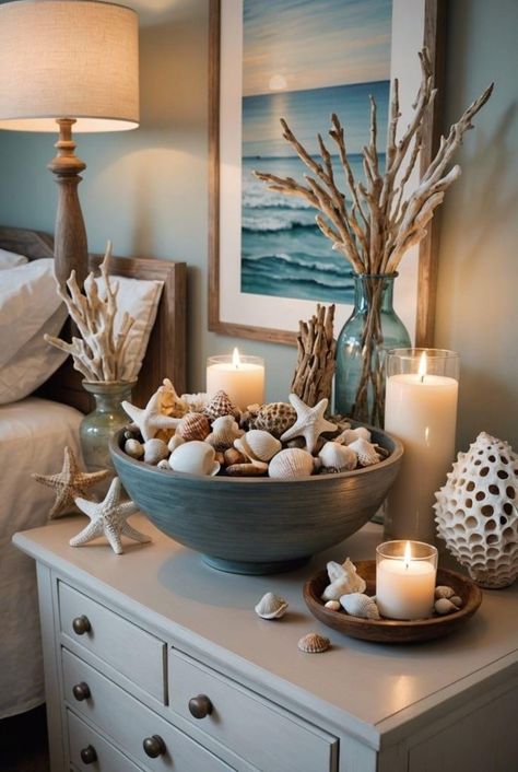 Nautical House Decor Interior Design, Beach Wall Ideas, Beach House Interior Decor, Beach Theme Dining Room, Summer Interior Decor, Diy Beach House Decor, Summer House Ideas Interior, Shell Decorating Ideas, Shells Decoration Ideas