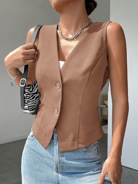 Camel Casual Collar Sleeveless Fabric Plain vest Embellished Medium Stretch  Women Clothing Brown Waistcoat Outfit Women, Brown Vest Outfits For Women, Vest Women Outfit, Brown Vest Outfit, Waistcoat Outfit Women, Waistcoat Outfit, Camel Outfit, Vest Outfits For Women, Plain Vest