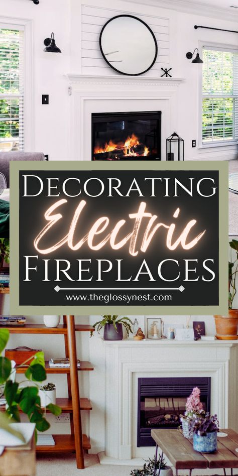 white fireplace decor ideas with electric fireplace inserts, lanterns, mirror, plants Contemporary Living Room Tv Wall, Fireplace Ideas Farmhouse, Boho Electric, Living Room Tv Wall Decor, Electric Fireplace Ideas, Electric Fireplace Decor, Sunroom Office, Fireplace Feature Wall, Modern Electric Fireplace