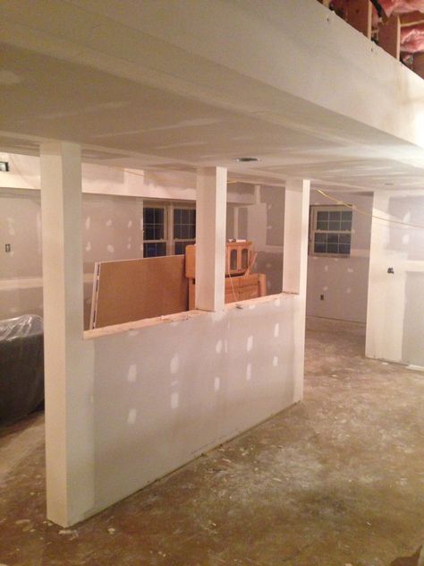 Basement With Posts, Basement Column Ideas, Partially Finished Basement Ideas, Basement Pole Covers, Framing Basement Walls, Basement Poles, Column Ideas, Basement Redo, Basement Office