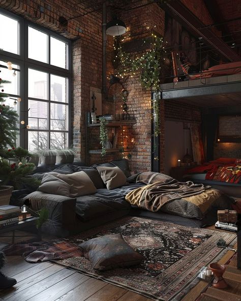 Modern Gothic Apartment, Gothic Interior Design Modern, Grunge Apartment Aesthetic, Apartment Ideas Bloxburg, Grunge Living Room, Loft Apartment Bedroom, Gothic Interior Design, Cozy Studio Apartment, Gothic Interior