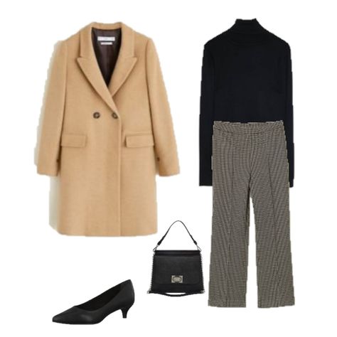 Outfit of the Day: Houndstooth Pants - womenontrend. Black turtleneck sweater+houndstooth wide-leg pants+black pumps+black handbag+camel wool coat. Winter Workwear / Office/ Weekday/ Formal Lunch Outfit 2019 Houndstooth Pants Outfit Winter, Formal Lunch Outfit, Houndstooth Pants Outfit, Winter Workwear, Camel Wool Coat, Lunch Outfit, Pants For Work, Winter Pants Outfit, Houndstooth Pants