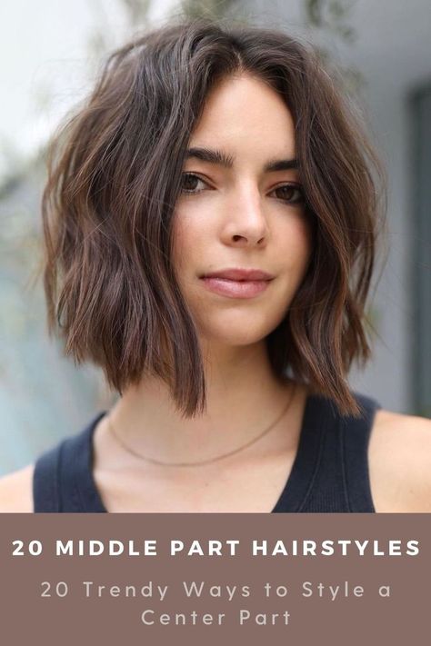 Ready to see some of the best middle part hairstyles and haircut ideas? Read on for the ultimate center part inspo and styling advice. Messy Bob Haircut, Haircut Parts, Middle Hair, Messy Bob Hairstyles, Middle Part Hairstyles, Beach Wave Hair, Short Layered Haircuts, Short Straight Hair, Curly Bob Hairstyles