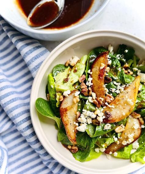 Grilled Pear Salad, Pears Salad, Pear And Gorgonzola, Chili Bean Soup, Caramelized Pear, Gorgonzola Salad, Breakfast Enchiladas, Crispy Shallots, Leafy Green Salads