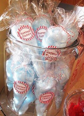 good idea for harvest fest instead of renting machine buy large bags of cotton candy Baseball Bags, Greatest Showman Party, Carnival Party Favors, Circus Birthday Party Theme, Carnival Birthday Party Theme, Circus Carnival Party, Under The Big Top, Carnival Food, Circus Theme Party