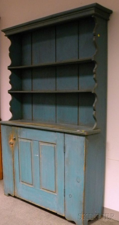 Country Blue-painted Pine Step-back Open Cupboard Country Cabinets, Primitive Hutch, Open Cupboard, Early American Homes, Early American Furniture, Primitive Cabinets, Primitive Cupboards, Country Cupboard, Primitive Living