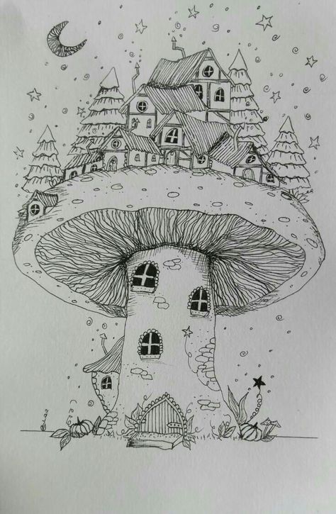 Fantasy House Drawing Sketch, Fantasy Nature Drawing, Drawing Ideas Fantasy Sketch Easy, Fantasy World Drawing Easy, Mushroom City Drawing, Whimsical Line Art, Magical Garden Drawing, Magic Garden Drawing, Mushroom Drawing House