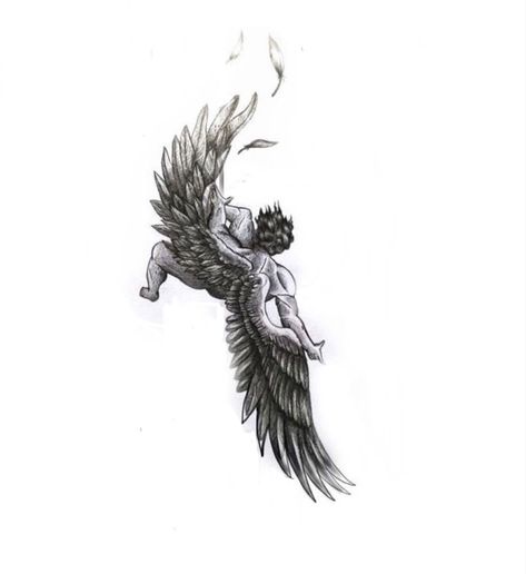 Falling Lucifer Tattoo, Fallen Icarus Tattoo, Beginner Tattoos Ideas Men, Icuris Falling Art, Fallen Angel Tattoo Men, Fall Of Icarus Tattoo Design, Lucifer Wings Tattoo, Icuris Falling Tattoo Design, Greek Hand Tattoo