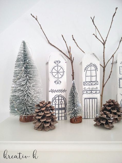 Milk Carton Christmas Crafts, Milk Carton Christmas Village, Nordic Village, Reuse Recycle Upcycle, Trees Diy, Scandinavian Winter, Milk Cartons, Village Christmas, Christmas Houses