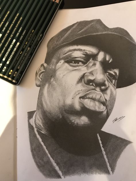 Notorious Big Art Drawings, Notorious Big Drawing, Biggie Drawing, Rapper Drawings, Notorious Big Art, Biggie Smalls Art, History Of Hip Hop, Big 30, Hip Hop Artwork