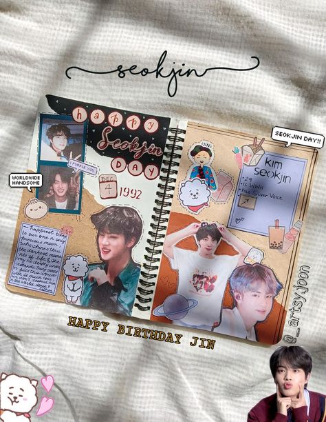 Jin Birthday Journal, Jin Journal Ideas, Jin Journal, Kpop Scrapbook, Bts Craft, Happy Birthday Jin, Jin Birthday, Birthday Journal, Nice Notes