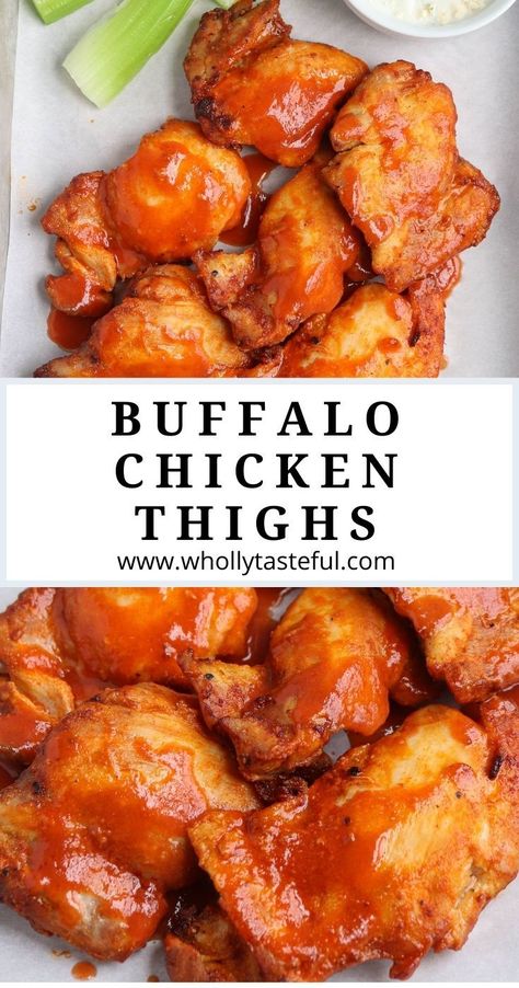 split screen of two photos of buffalo chicken thighs Chicken Thigh Recipes Buffalo, Buffalo Chicken Thigh Recipes, Hot Sauce Chicken Recipes, Chicken Marinades For Air Fryer, Skinless Chicken Thigh Recipes Air Fryer, Chicken Thigh Marinade For Air Fryer, Airfry Chicken Thighs Boneless, Buffalo Chicken Thighs Boneless, Boneless Skinless Chicken Thigh Recipes Healthy Low Carb