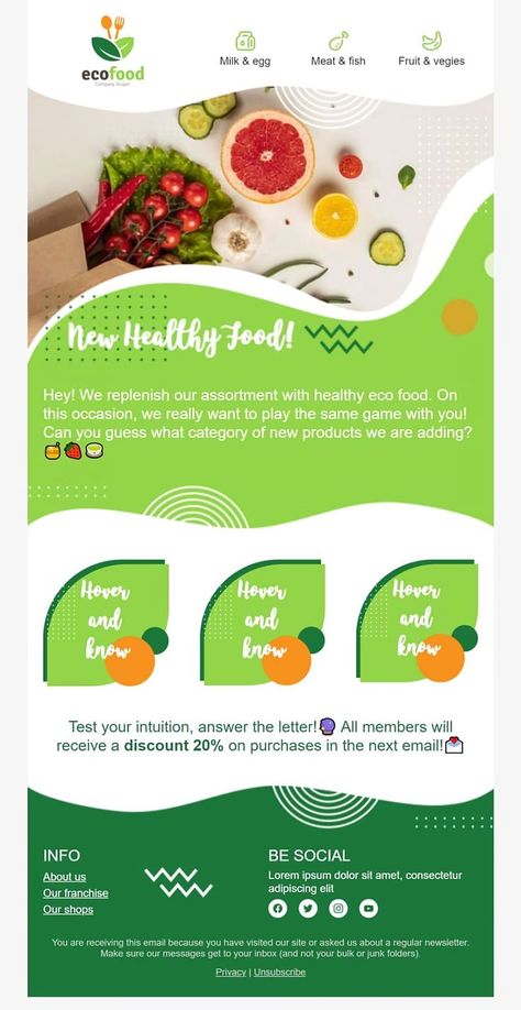 Promo Email Template «Healthy food» for Organic & Eco Goods industry. Explore our Organic & Eco Goods email templates to find just the right look for you. #FoodEmailTemplate #EmailNewsletterTemplate #EmailTemplate #EmailDesign #EmailMarketing #Mailchimp #Newsletter Email Marketing Newsletter Design, Emailer Design, Email Marketing Template Design, Promo Email, Campaign Ads, Html Email Templates, Mouthwatering Food, Food Discount, Design Campaign