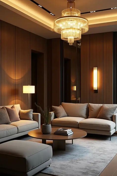 Luxurious living room with modern sofas, elegant lighting, and a glass chandelier. Sleek And Modern Living Room, Modern Living Room Ideas Luxury, Luxury Living Room Interior, Eclectic Spaces, Cozy Modern Living Room, Cozy Eclectic, Modern Luxury Living Room, Minimalist Living Room Ideas, Chic Living Room Decor