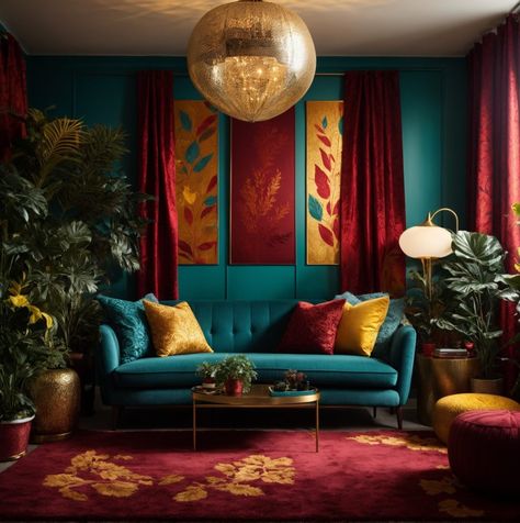 Teal And Yellow Bedroom, Blue And Gold Living Room, Dining Room Teal, Metallic Wall Art, Burgundy Living Room, Teal Rooms, Wall Decorating Ideas, Turquoise Room, Teal Interiors