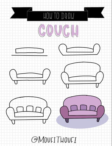 How To Draw A Couch Step By Step, Couch Drawing Easy, How To Draw A Sofa, Sofa Drawing Sketch, How To Draw A Couch, Furniture Doodle, Couch Doodle, Couch Drawing, Simple Couch