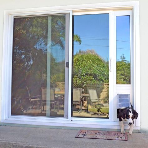 Installing a pet door in a glass door can seem tedious and challenging. Follow these easy steps and learn how to install a doggie door in a sliding glass door! Apartment Dog Ideas, Pet Door Sliding Glass Door, Balcony Door Design, Sliding Glass Dog Door, Pet Patio Door, Pet Screen Door, Patio Screen Door, Doggy Door, Front Door Inspiration