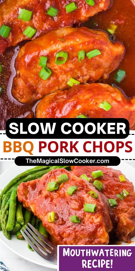 Slow Cooker BBQ Pork Chops Slow Cooker Bbq Pork Chops, Pork Chops In Crock Pot, Bbq Pork Crockpot, Crock Pot Bbq, Bone In Pork Chops, Magical Slow Cooker, Slow Cooker Apple Butter, Bbq Pork Chops, Slow Cooker Teriyaki