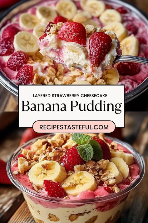 "Layered Strawberry Cheesecake Banana Pudding – A Decadent Dessert with Creamy Layers of Cheesecake, Fresh Strawberries, and Classic Banana Pudding!" Cheesecake Banana Pudding, Cool Whip And Pudding, Classic Banana Pudding, Cheesecake Banana, Pudding Frosting, Pudding Cheesecake, Banana Pudding Cake, Banana Pudding Cheesecake, Banana Cheesecake