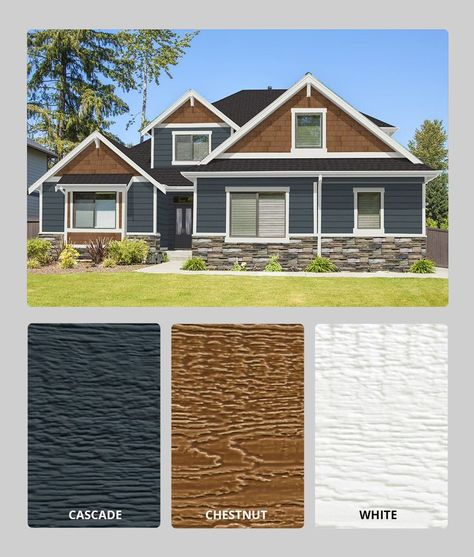 exterior color palette for home featuring blue, wood stain, and white colors Blue Exterior House Colors With Wood, Navy House With Cedar Accents, Dark Blue Exterior With Wood Accents, Blue And Gray Exterior House, Navy Blue House Exterior White Trim Wood Accents, Dark Gray Homes Exterior, Dark Blue Vinyl Siding House, Brown And Gray House Exterior, Grey Wood House Exterior