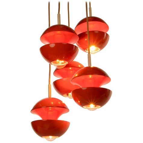 Gorgeous orange-red Space Age tulip pendant lamp designed by Klaus Hempel. Manufactured by Kaiser Lighting, Germany in the 1970s.    Awarded design: iF Product Design Award in 1972.  Measures: diameter 13.7" in. (35 cm) x height 47" in. (120 cm). Length can be shortened easily.  Lighting: takes five large Edison E27 base screw bulbs.  Wattage: we recommend up to 40w per bulb. Works on 220v as well as 110v.  Condition: original condition in working order with small signs of age and use.   Wiring: Space Age Interior, Space Age Furniture, 70s Interior Design, Red Space, 70s Interior, Retro Interior Design, Pendant Lamp Design, Mid Century Modern Interiors, Retro Interior