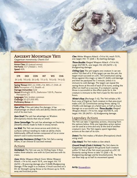 Dnd Arctic Monsters, Dnd Mountain Monsters, Dnd Snow Monsters, Dnd Yeti, Dnd Arctic, Dnd Beasts, Christmas Dnd, Dnd Animals, Dnd Stat Blocks