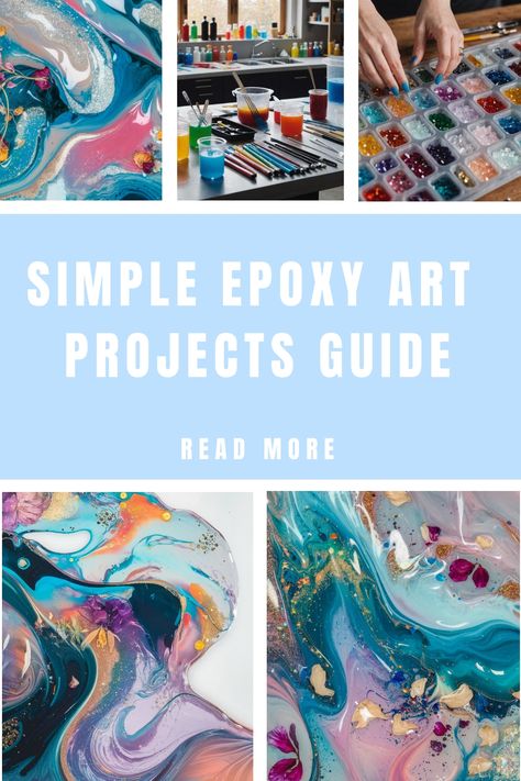 Epoxy art supplies and colorful abstract designs with text "Simple Epoxy Art Projects Guide". Amazing Clear Cast Resin, Resin Tips, Epoxy Art, Resin Jewelry Diy, Moon Face, Resin Projects, Resin Kit, Diy Tutorials, Fluid Art