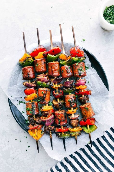 Sausage Kebabs, Sausage Kabobs, Veggie Kabobs, Vegetable Kabobs, Veggie Sausage, Chelsea's Messy Apron, Healthy Veggie, Easy Summer Dinners, Grilled Turkey