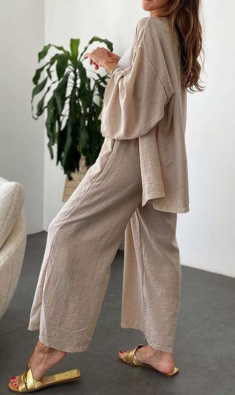 Celana Fashion, Cotton Pants Women, Wide Leg Pant Suit, Gilet Long, Cotton Sleepwear, Linen Suit, Pantalon Large, Loungewear Set, Linen Trousers