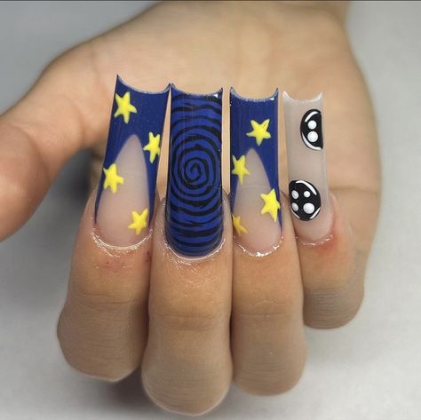 Nails Acrylic Coffin Birthday, Wedding Nails For Bride Oval, Coraline Themed Nails, Gorillaz Nails, Marceline Nails, Tv Girl Nails, Clowncore Nails, Coffin Birthday Nails, 2023 Nails Short