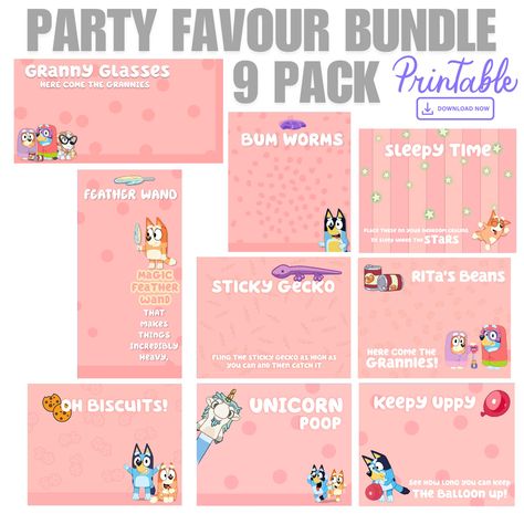 Hello Bluey fans! 🎉 Make your Bluey-themed party unforgettable with our Bluey Party Favor Pack. Download and print these adorable designs instantly for a hassle-free celebration. Included Features: 9 Unique Designs: Ideal for Bluey-themed parties. Instant Download: High-quality PDF for vibrant prints. Additional Information: Digital File Only: No physical items will be shipped. No Refunds: Due to the nature of digital downloads. Printing Tips: Print on your favorite photo paper; Colors may vary Bluey Party Favor Printables Free, Bluey Party, Character Images, Kids Birthday Themes, 2 Birthday, Birthday Themes, Blue Party, Birthday Fun, Printable Designs