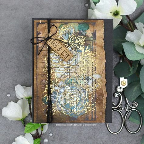 Elegant Grunge and Gold + Video | dahlhouse designs Elegant Grunge, Grunge Cards, Mixed Media Backgrounds, Gold Video, Unity Stamp Company, Dark Ink, Unity Stamps, Sitewide Sale, White Pen