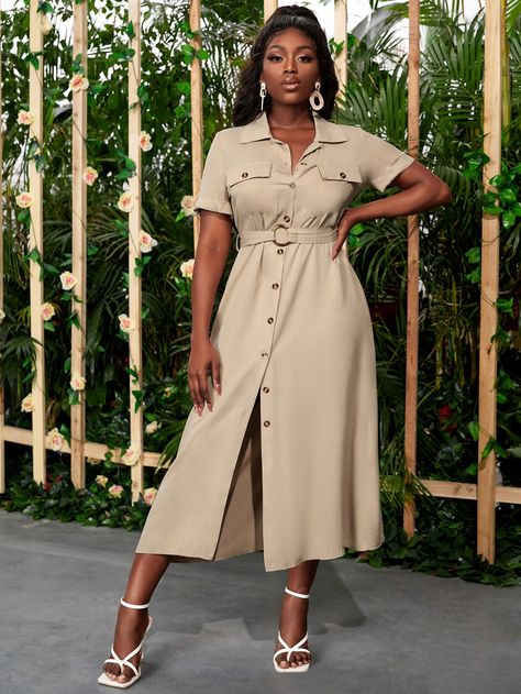 Khaki Casual  Short Sleeve Polyester Plain Shirt Embellished Slight Stretch Spring/Summer Women Dresses Khaki Dresses, Elegant Shirt Dress, Short Shirt Dress, Spring Business Casual, Color Combinations For Clothes, Summer Work Outfits, Plain Shirt, Belted Shirt Dress, Casual Weekend