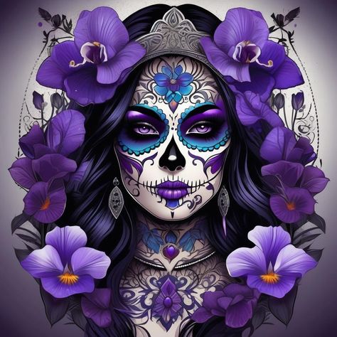 Purple Dia De Los Muertos Makeup Ideas, Purple Catrina Makeup, Sugar Skull Art Painting, Sugar Skull Girl Drawing, Sugar Skull Art Drawing, Purple Sugar Skull, Sugar Skull Artwork Dark Art, Sugar Skull Wallpaper, Skeleton Artwork