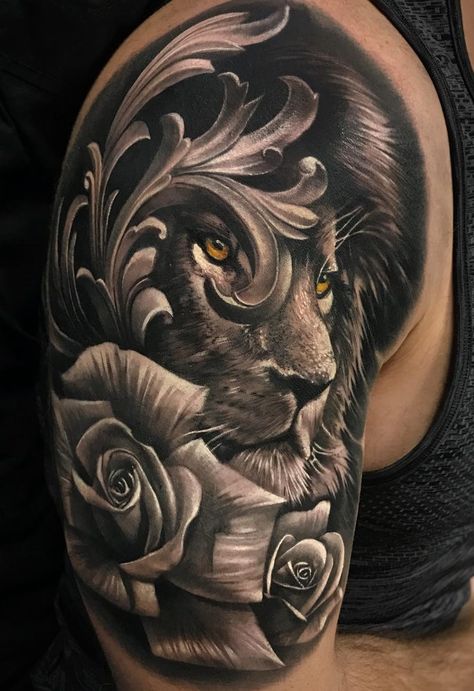 Lion Tattoos For Men, Lion Tattoo Meaning, Lion Shoulder Tattoo, Rose Tattoo Meaning, Filigree Tattoo, Lion Tattoo Sleeves, Guys Tattoos, Mens Lion Tattoo, Lion Tattoos