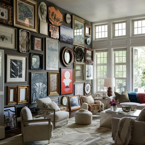 Gallery wall ideas💖💖💖 Eclectic Photo Gallery Wall, Tall Wall Gallery Ideas, Round Gallery Wall, Whole Wall Gallery Wall, Gallery Wall On Wallpapered Wall, Dark Eclectic Gallery Wall, Gallery Wall On Large Wall, Frameless Gallery Wall, Chaotic Gallery Wall