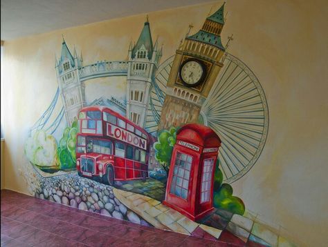 London, Greater London konumunda The London Eye, #painting #art #london #londoneye #bigben #towerbridge #schoolwall #english School Wall Decoration, London Wall, Tower Bridge London, Greater London, English Classroom, Eye Painting, Classroom Language, Salou, London Eye