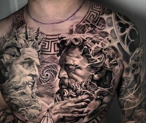 Atlas Chest Tattoo, Realism Chest Tattoo Men, Statue Chest Tattoo, Greek Mythology Tattoos Chest, Greek Mythology Chest Tattoo, Greek Chest Tattoo, Pec Tattoo Men, Seattle Tattoos, Realistic Tattoo Ideas