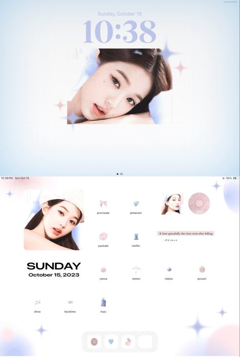 ipad layout ios17 homescreen lockscreen idea aesthetic wonyoung kpop ive izone pink blue pastel soft cute edit Blue Homescreen Ipad, Ipad Ios Theme, Kpop Ipad Wallpaper Aesthetic, Ipad Ios 17 Homescreen, Kpop Ipad Homescreen, Wonyoung Ipad Wallpaper, Wonyoungism Wallpaper Ipad, Ipad Lockscreen Pink, Ipad Homescreen Ideas Kpop