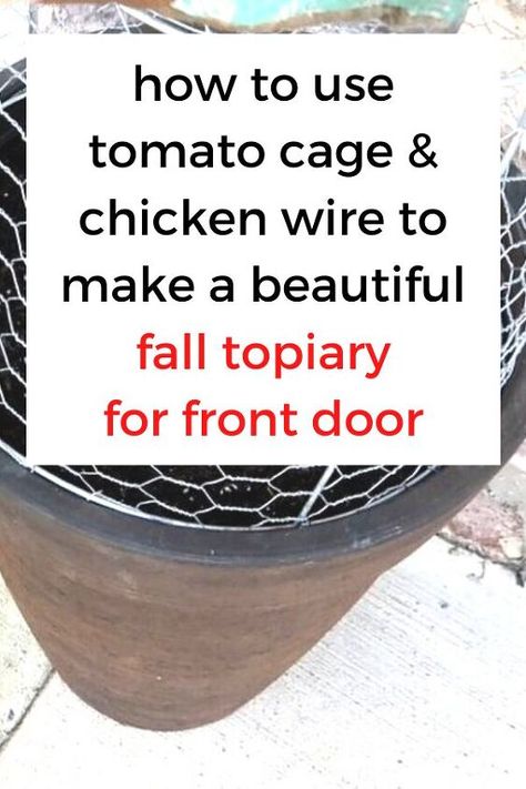 Decorate your front porch for fall and thanksgiving on a budget with this gourd topiary made from chicken wire and tomato cage. Quick and easy diy fall topiary decoration. #diy #falltopiary #frontporch #decorations #thanksgiving Tomato Cage Topiary Easy Diy, Topiary Frames Diy How To Make, Fall Pumpkin Topiary Diy, Tomato Cage Fall Tree, Topiary Front Door, Fall Topiary Diy, Thanksgiving On A Budget, Porch Topiary, Pumpkin Topiary Diy