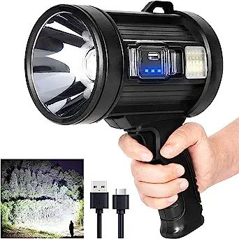 MIXILIN Rechargeable Spotlight, 150000 Lumens Handheld Hunting Flashlight Led Spot Light with Cob Light and Solar Panels, Lightweight and Super Bright Spotlight for Hunting Boating Camping The following is an affiliated link Super Bright Flashlight, Led Bleu, 800m, Solar Charging, Led Spot, Side Lights, Spot Light, Led Spotlight, Flood Lights