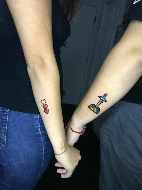 Tiny Zelda Tattoo, Zelda Hearts Tattoo, Zelda Couple Tattoo, Matching Gamer Tattoos, Matching Zelda Tattoos, Zelda Matching Tattoos, Zelda Heart Tattoo, Pixel Tattoo Ideas, Videogame Tattoos