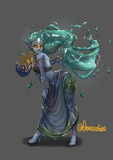 Francisco Kobo - Witch Water Genasi Water Genasi Female Sorcerer, Water Witch Character Design, Water Genasi Warlock, Water Genasi Dnd, Water Genasi Female Pirate, Female Water Genasi, Dnd Water Genasi Female, Water Nymph Art, Elemental Characters