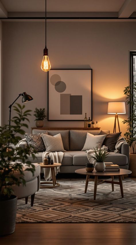 Cozy Lighting Living Room Cozy Living Room Lighting, Cozy Lighting Living Room, Lighting Living Room Ideas, Apartment Interior Design Ideas, Warm String Lights, Bulb Ideas, Layered Lighting, Living Room Lighting Ideas, Room Lighting Ideas